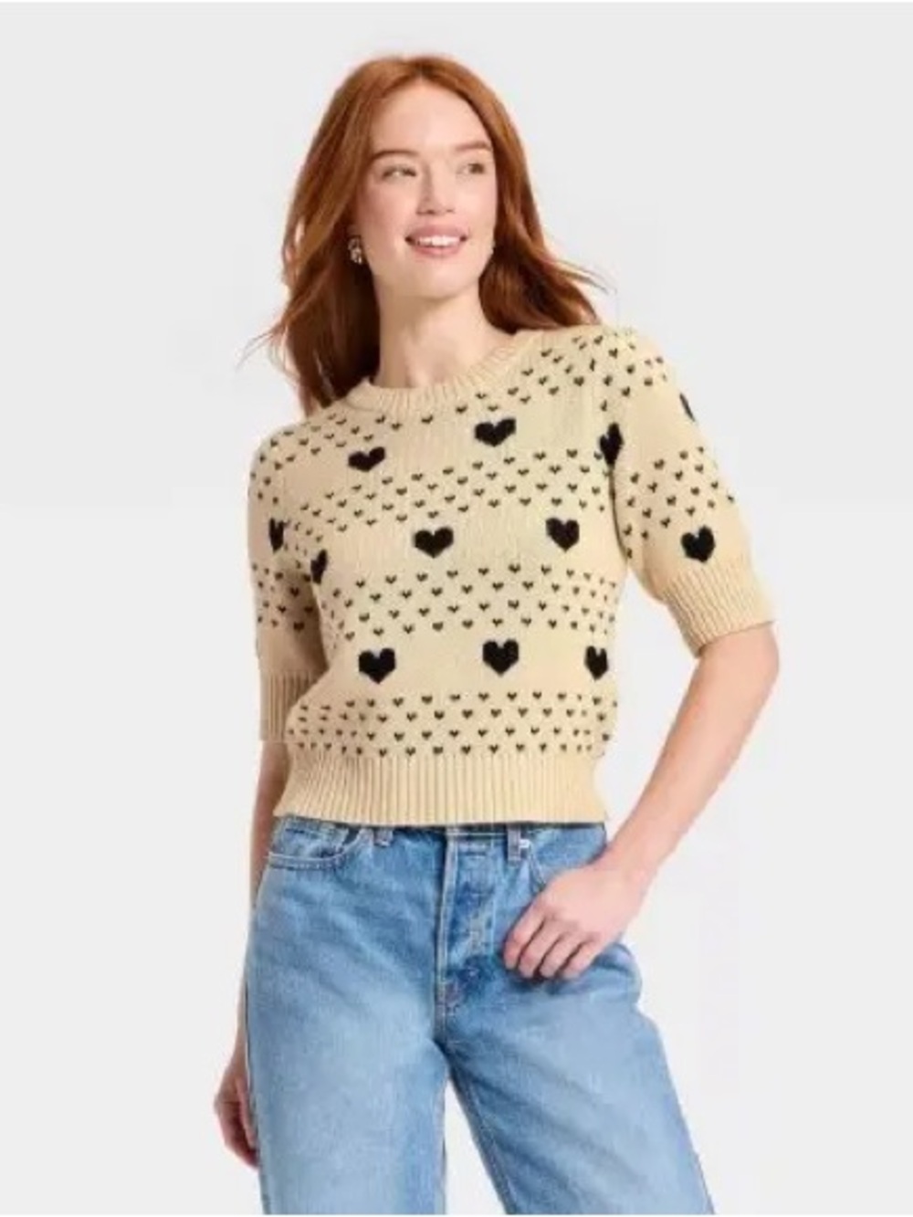 Universal Thread Cream Short-Sleeve Crewneck Sweater with Black Hearts